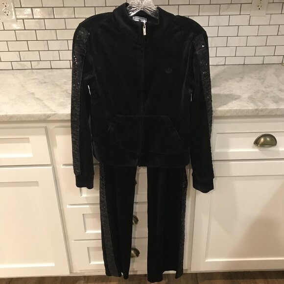 Juicy Couture Track Suit Womens XS Black Velour Sequin Stripe Jacket Pants Set - Picture 1 of 14